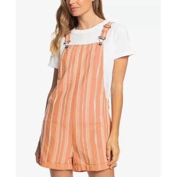 Roxy Silver Sky Striped Shortalls Jumper Size S Orange White Summer Spring Boho - Picture 1 of 9